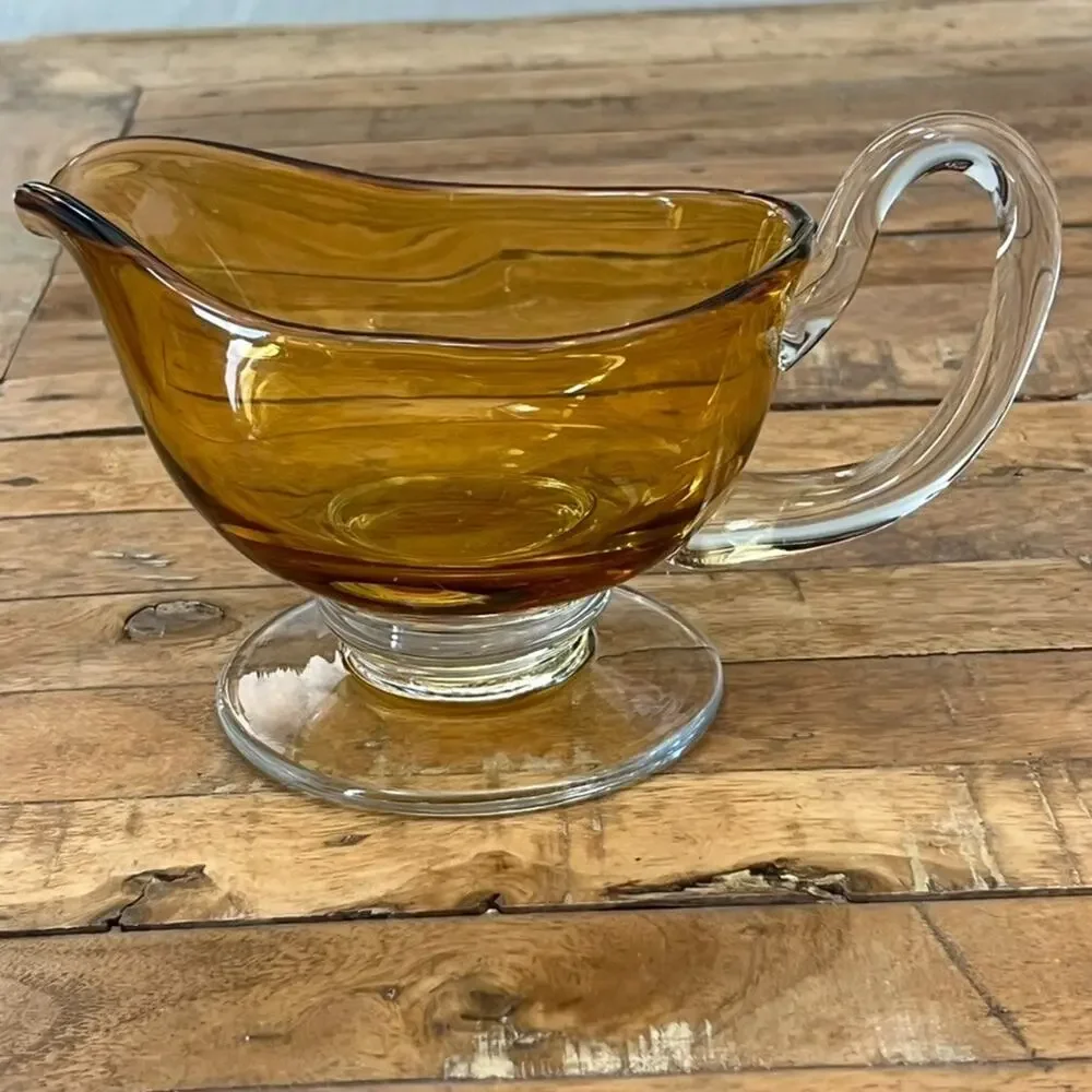 Vintage Williams Sonoma Amber Citrine Clear Glass Footed Gravy Sauce Hand Blown